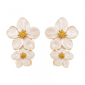 Boucles d'oreilles grandes pendantes Fleurs HIBISCUS doré - Email blanc nacré - ARGELOUSE