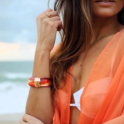 Bracelet Jonc large PARADIS RAINBOW doré - Résine orange & rose
