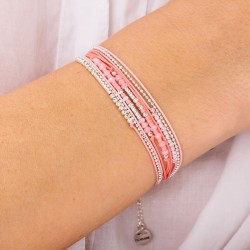 Bracelet 2 tours FORMOSA en argent, Cordons & Perles rose pastel corail