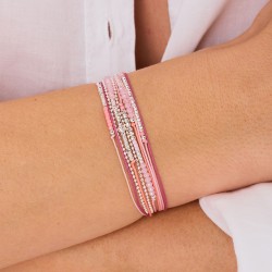Bracelet 2 tours ATLANTA en argent, cordons & Miyukis rose corail fuschia
