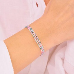 Bracelet 3 tours élastique en Argent & Perles Miyukis bleu rose TAILLE S