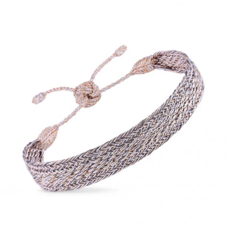 Bracelet IZY N°1 Peach Silver Oakmoss - fils d'or tressés - MAAYAZ