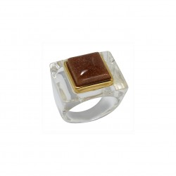 Bague large CLEAR&GOLD SANDSTONE Résine transparente - Cabochon carré doré - Luca Jack London