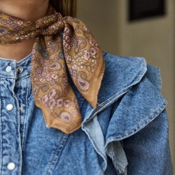 Petit Foulard en voile de coton 60 cm x 60 cm - ARABESQUE OCRE - Gabrielle Paris