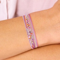 Bracelet 2 tours LE PETIT CUBE en argent, cordons & Perles rose violet