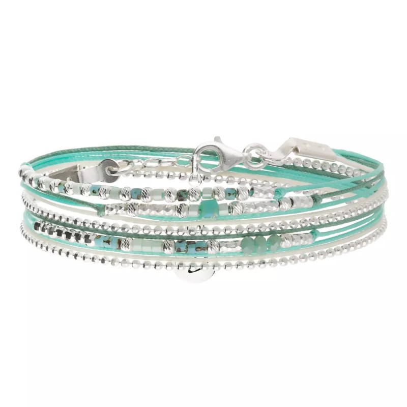 Bracelet 2 tours LE PETIT CUBE en argent, cordons & Miyukis vert - DORIANE Bijoux