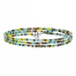 Bracelet élastique triple tours INDIEN en argent - Kaki Jaune Turquoise - DORIANE Bijoux