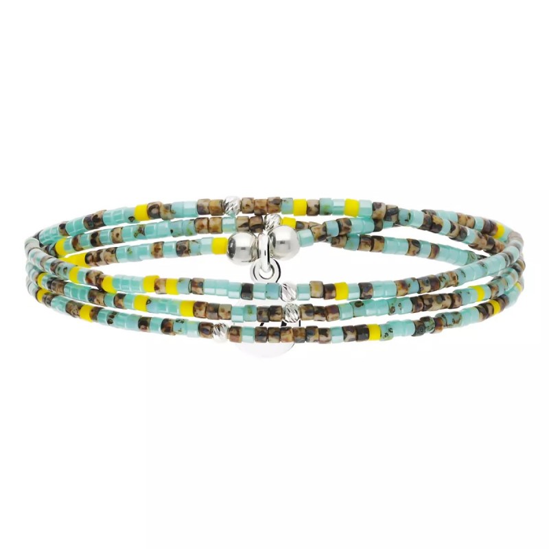 Bracelet élastique triple tours INDIEN en argent - Kaki Jaune Turquoise - DORIANE Bijoux
