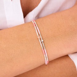 Bracelet 2 tours élastique SPRING en argent - Rose pastel Corail TAILLE S