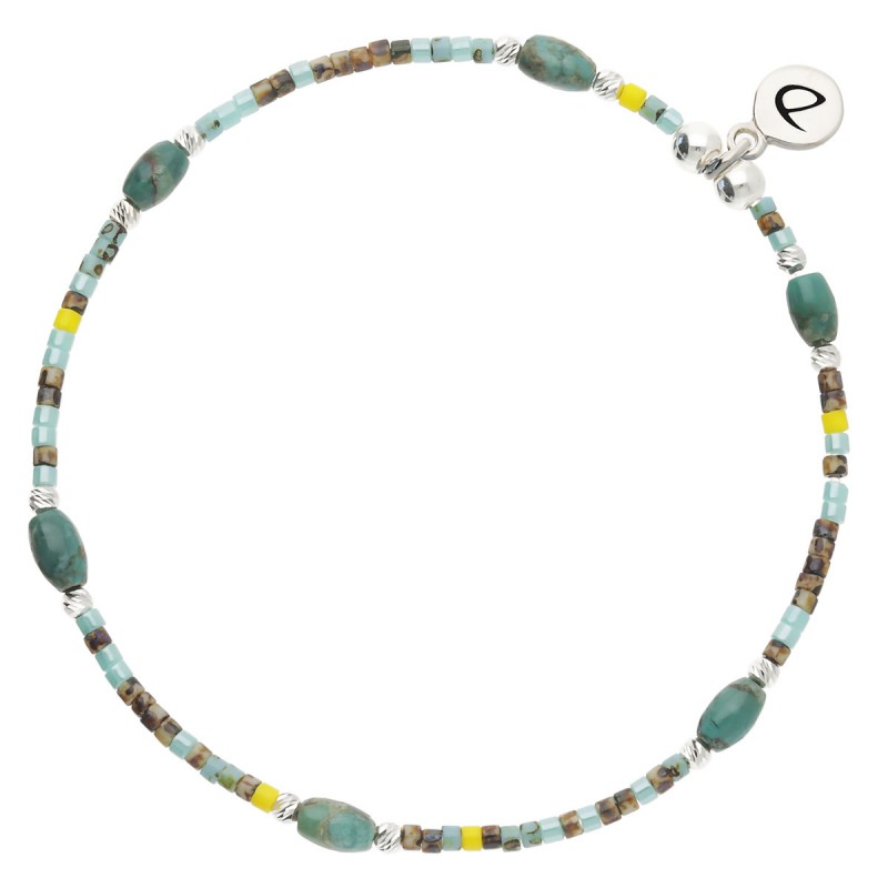 Bracelet élastique INDIEN L'ODYSSEE en argent - Kaki Jaune Turquoise - DORIANE Bijoux