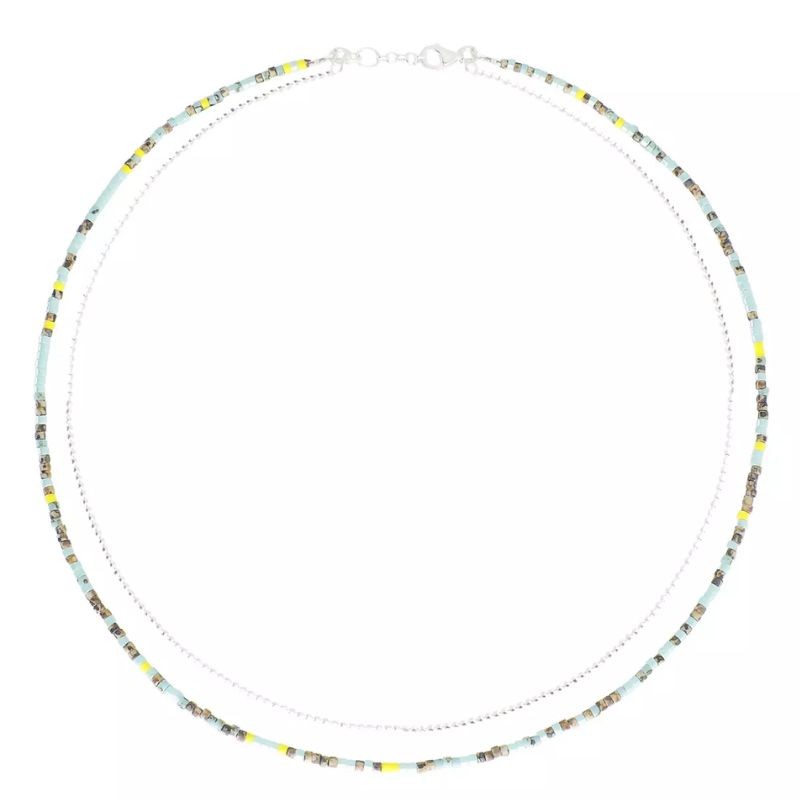 Collier double rangs LE MIYUKI - Chaîne fine argent & Miyukis Kaki Jaune Turquoise - DORIANE Bijoux