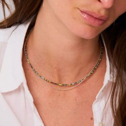 Collier double rangs Indien MIYUKI Jaune Turquoise & Chaîne fine argent