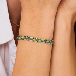 Bracelet élastique 3 tours MIYUKI INDIEN en argent - Kaki Jaune Turquoise TAILLE M
