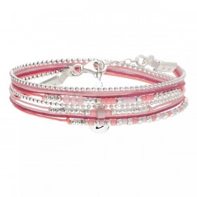 Bracelet 2 tours LE PETIT CUBE en argent, cordons & Miyukis rose fuchsia - DORIANE Bijoux