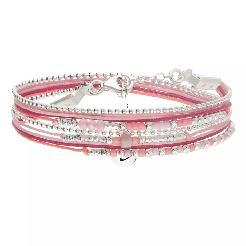Bracelet 2 tours LE PETIT CUBE en argent, cordons & Miyukis rose fuchsia - DORIANE Bijoux