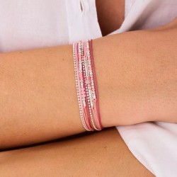 Bracelet 2 tours LE PETIT CUBE en argent, cordons & Miyukis rose fuchsia
