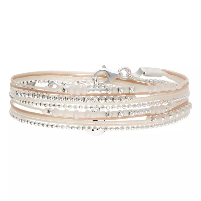 Bracelet 2 tours LE PETIT CUBE en argent, cordons & Miyukis rose fuchsia