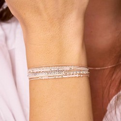 Bracelet 2 tours LE PETIT CUBE en argent, cordons & Miyukis rose fuchsia