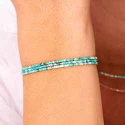 Bracelet élastique 3 tours MIYUKI INDIEN en argent - Kaki Jaune Turquoise TAILLE S