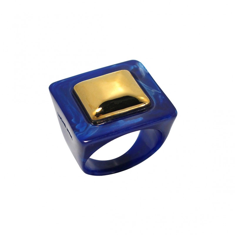 Bague large BLUE SANDSTONE Résine BLEUE - Cabochon carré doré - LUCAS JACK