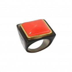 Bague large DEEP SMOKY&FROSTY LOBSTER Résine MARRON - Cabochon carré CORAIL - LUCAS JACK