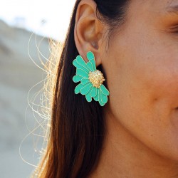 Boucles d'oreilles grandes JOJOBA doré - Demi-Fleurs résine turquoise & dorées