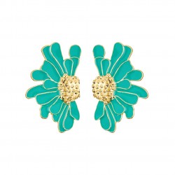 Boucles d'oreilles grandes JOJOBA doré - Demi-Fleurs vert turquoise doré ARGELOUSE