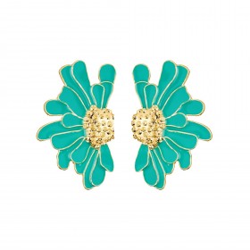 Boucles d'oreilles grandes JOJOBA doré - Demi-Fleurs vert turquoise doré ARGELOUSE
