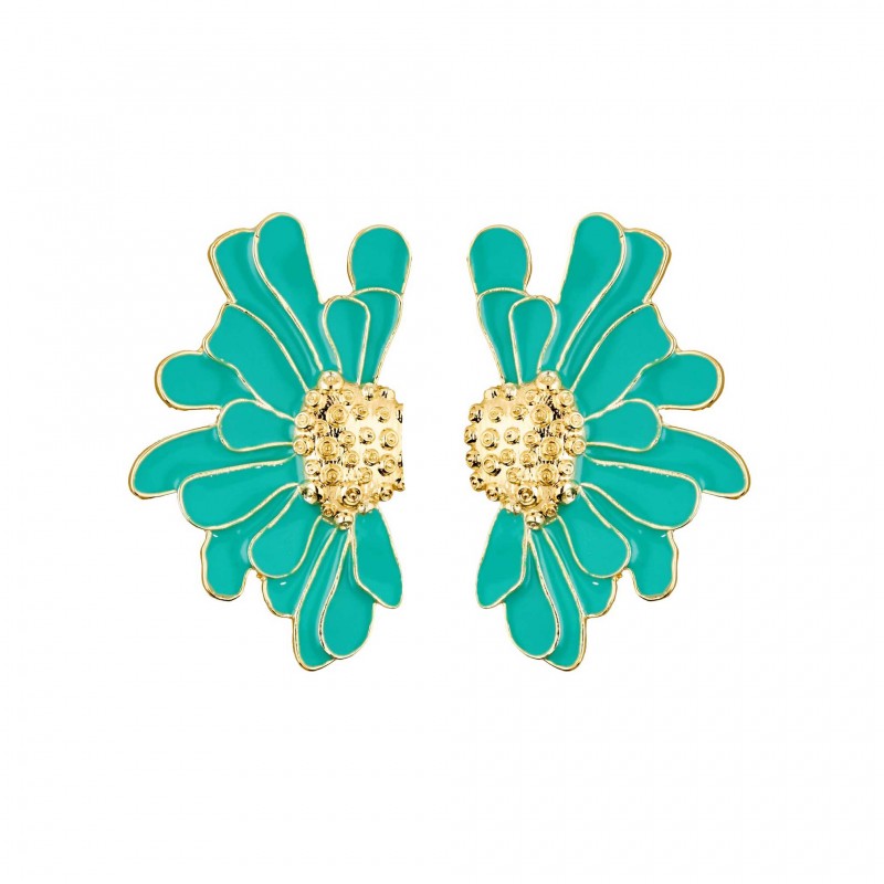 Boucles d'oreilles grandes JOJOBA doré - Demi-Fleurs vert turquoise doré ARGELOUSE
