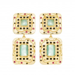 Boucles d'oreilles grandes pendantes PASSION doré - Oeil de Chat turquoise lagon - ARGELOUSE