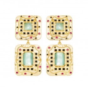 Boucles d'oreilles grandes pendantes PASSION doré - Oeil de Chat turquoise lagon - ARGELOUSE