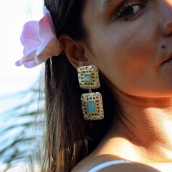 Boucles d'oreilles grandes pendantes PASSION doré - Oeil de Chat turquoise lagon