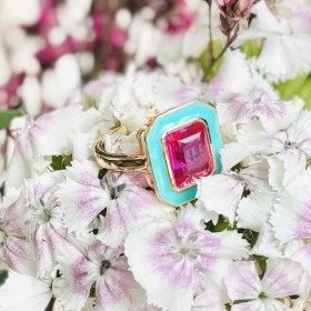 Bague CABA Or - Email turquoise & Quartz chartreuse fushia - Une à Une