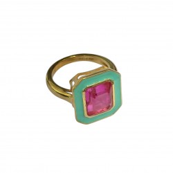 Bague CABA Or - Email turquoise & Quartz fushia TAILLE 52