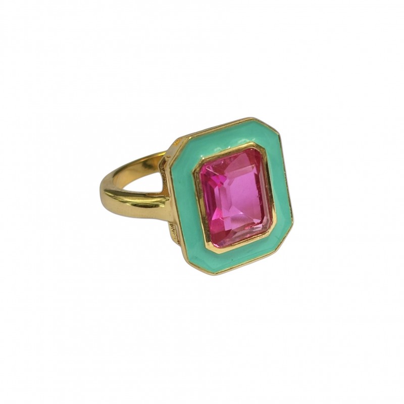 Bague CABA Or - Email turquoise & Quartz fushia TAILLE 52