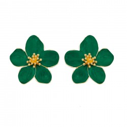 Boucles d'oreilles grandes puces Fleurs HIBISCUS doré - Email émeraude - ARGELOUSE