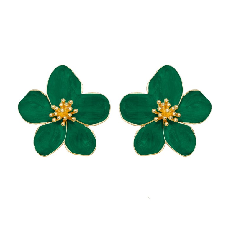 Boucles d'oreilles grandes puces Fleurs HIBISCUS doré - Email émeraude - ARGELOUSE