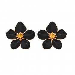 Boucles d'oreilles grandes puces Fleurs HIBISCUS doré - Email noir - ARGELOUSE