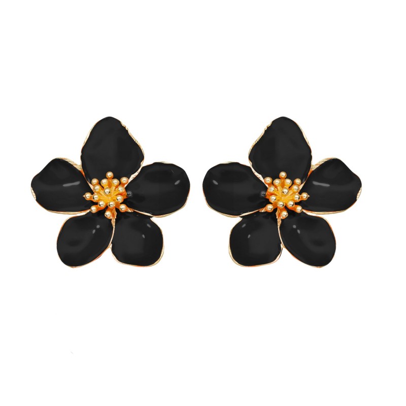 Boucles d'oreilles grandes puces Fleurs HIBISCUS doré - Email noir - ARGELOUSE