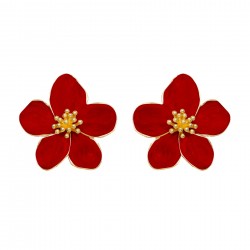 Boucles d'oreilles grandes puces Fleurs HIBISCUS doré - Email rouge - ARGELOUSE