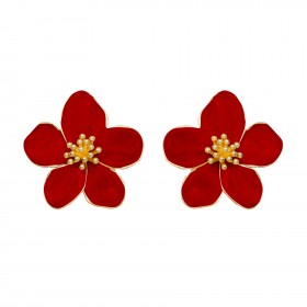 Boucles d'oreilles grandes puces Fleurs HIBISCUS doré - Email rouge - ARGELOUSE