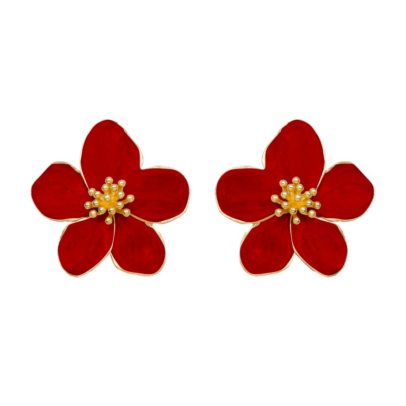 Boucles d'oreilles grandes puces Fleurs HIBISCUS doré - Email rouge - ARGELOUSE