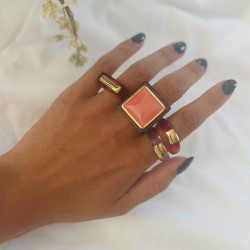 Bague large DEEP SMOKY&FROSTY LOBSTER Résine MARRON - Cabochon carré CORAIL TAILLE 56