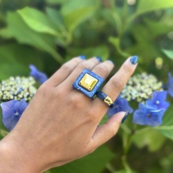 Bague BLUE SANDSTONE résine BLEUE - Décor doré TAILLE 55