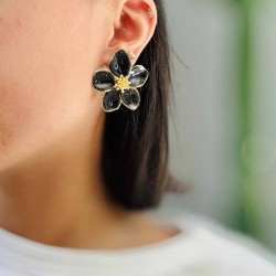 Boucles d'oreilles grandes puces Fleurs HIBISCUS doré - Email noir brillant