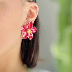Boucles d'oreilles puces Fleurs HIBISCUS doré - Email rouge bordeaux