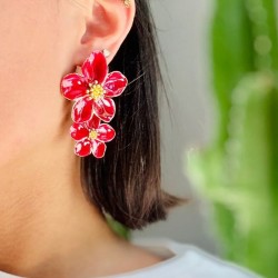 Boucles d'oreilles double Fleurs HIBISCUS doré - Email bordeaux