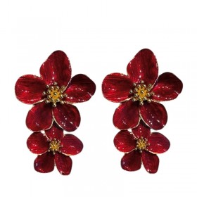 Boucles d'oreilles double Fleurs HIBISCUS doré - Email bordeaux ARGELOUSE