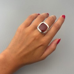 Bague large en Argent - Anneau & Carré Agate rouge TAILLE 58