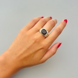 Bague large en Argent Laiton - Anneau & Ovale Onyx noir TAILLE 58
